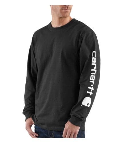 Carhartt Mens Loose Fit Heavyweight Long-Sleeve Logo Sleeve Graphic T-Shirt Work Utility Shirts, Black, Small US