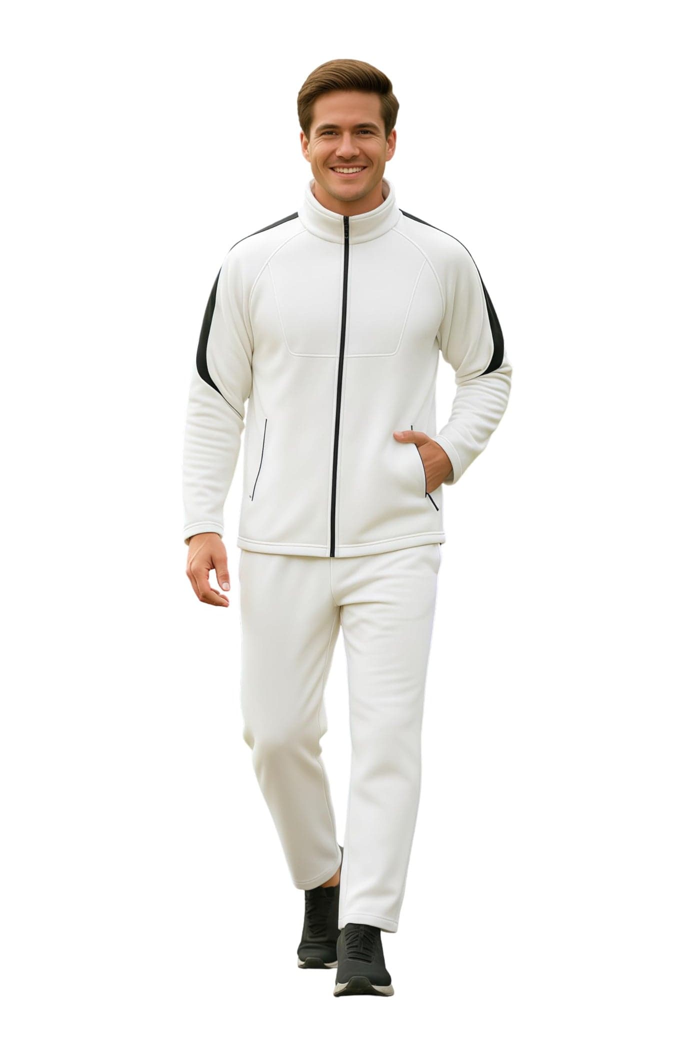CHKOKKO Men's High Neck Winter Tracksuit Set with Full-Zipper Upper & Elasticated Waist Jogger Pants | Warm Soft Solid Activewear for Gym, Running & Casual Use WHITEBLK XL