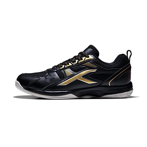 Hundred Raze Unisex Badminton Sport Shoes (Non-Marking) | Black-Gold | Size: 7US/6UK/39.5EU | for Indoor Squash, Table-Tennis, Basketball & Paddle Pickle | Lightweight | X-Cushion, Toe Assist