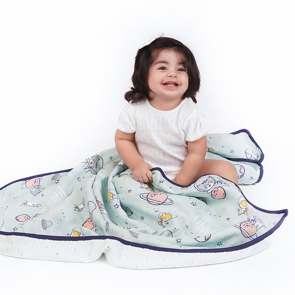 haus kinder 100 Cotton Reversible Muslin Blanket For Newborn Baby Boy And Girl Triple Layer Blanket 02 Years Size 120 Cm X 120 Cm Spacewalk Blue 200 TC