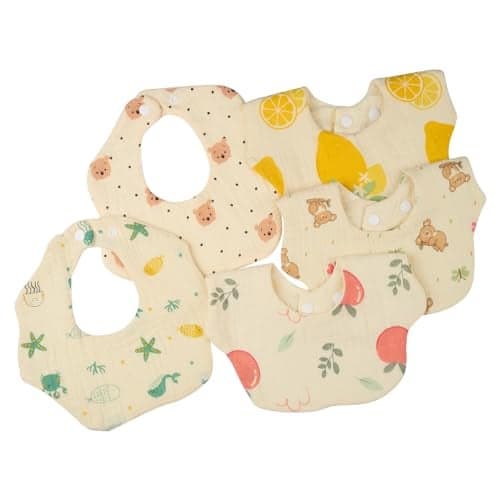 heartbury Unisex 6 Layer Muslin 100% Organic Cotton Baby Bips With adjustable Button lightweight &supersoft, Bips for New Born Baby and Toddlers, Set of 5Psc