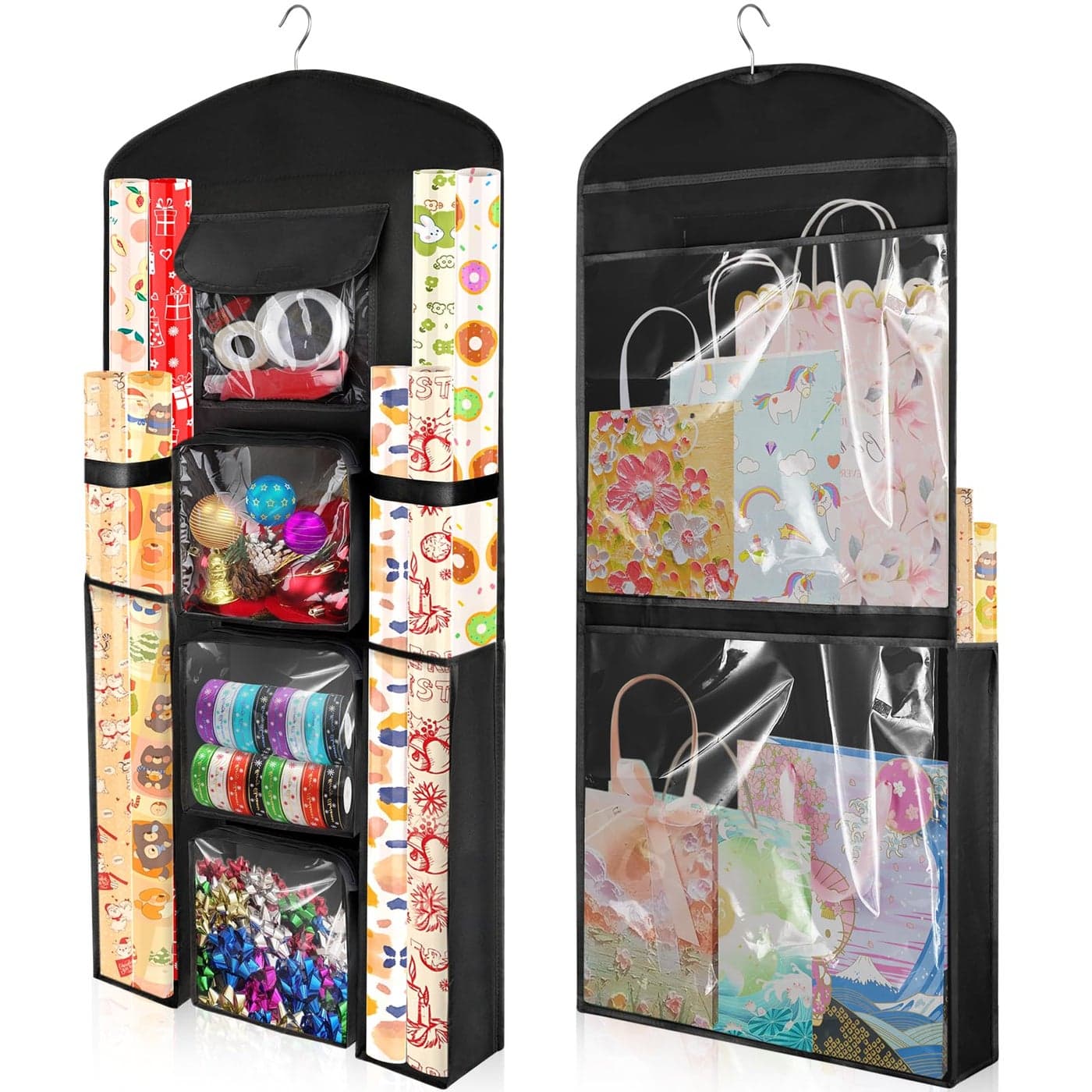 Woodoulogy Hanging Gift Wrapping Paper Storage 40X17 Black DoubleSided Christmas Wrapper Bag Container Oxford Craft Roll Organizer Present Wrap Holder for Bedroom Closet Door Cabinet