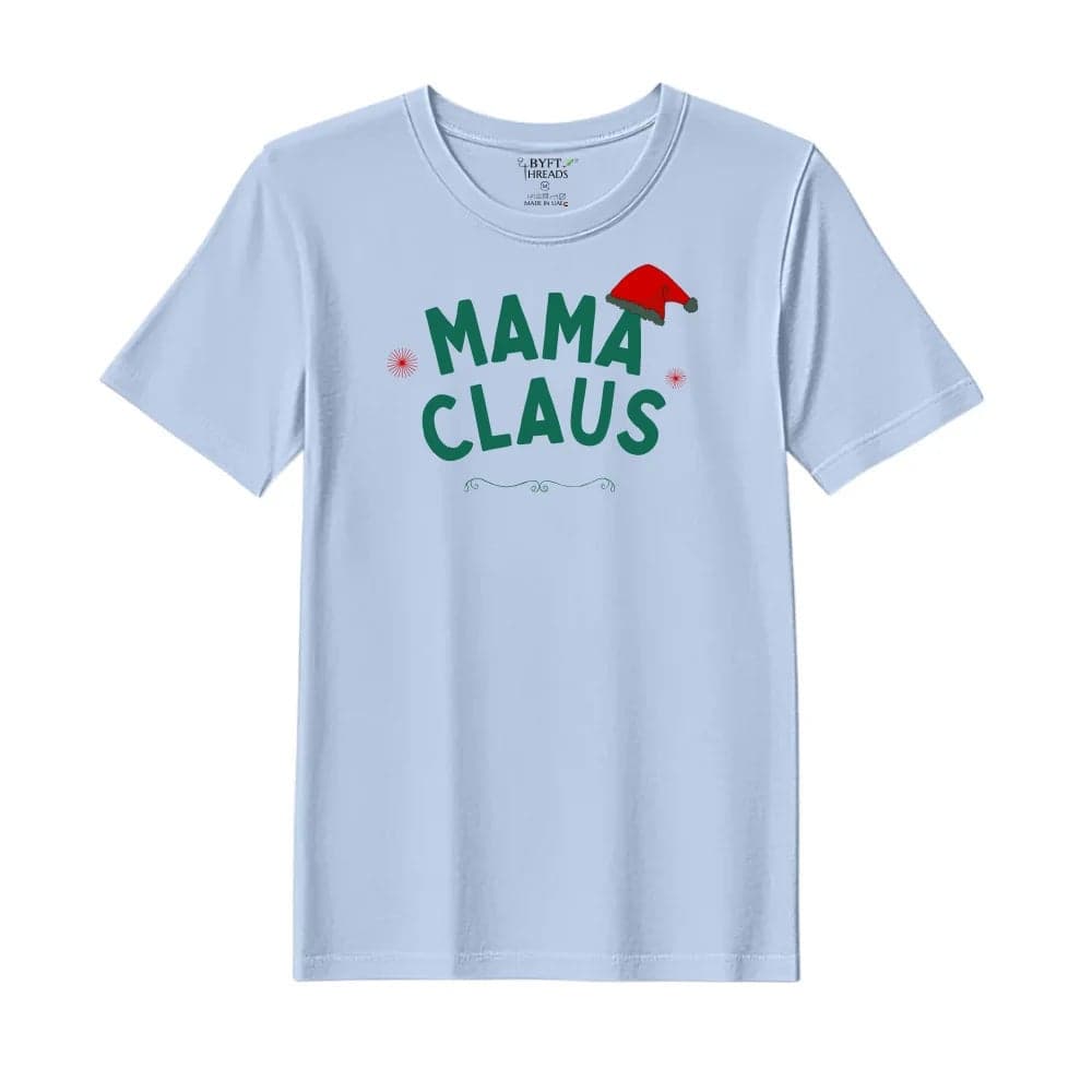 BYFT Threads Large Sky Blue Polycotton T-Shirt - Christmas "Mama Claus Hat" Printed Design, Premium Holiday Collection