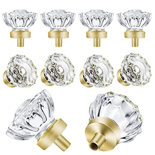 SHINY HANDLES 8 Pack Satin Brass Knobs and Pulls for Cabinet, Crystal Gold Cabinet Hardware Vintage, Glass Knobs and Pulls for Dresser Drawer, Kitchen Bathroom