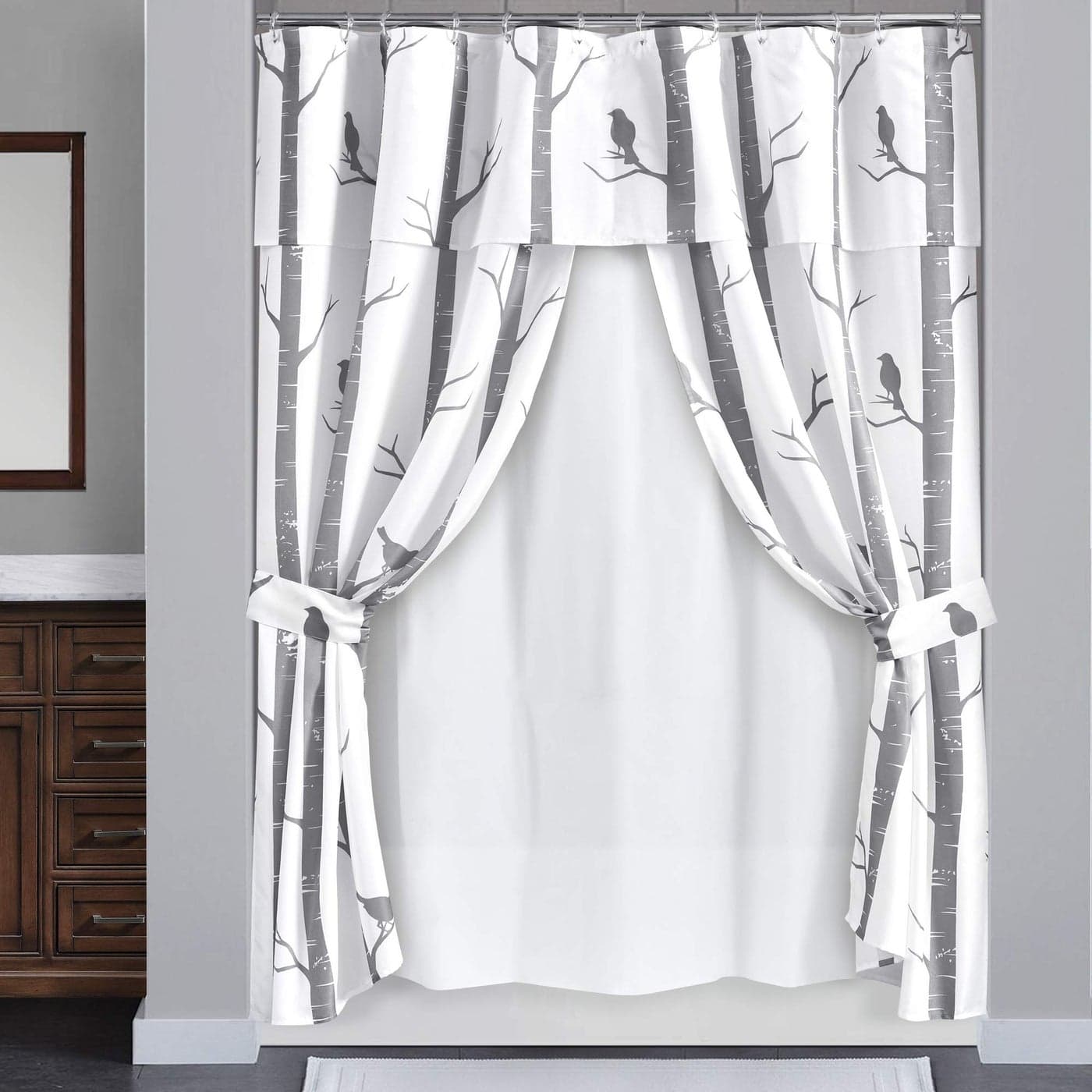 Lush Decor Bird On The Tree Double Swag Shower Curtain with Peva Lining Rings Gray 16 Pieces
