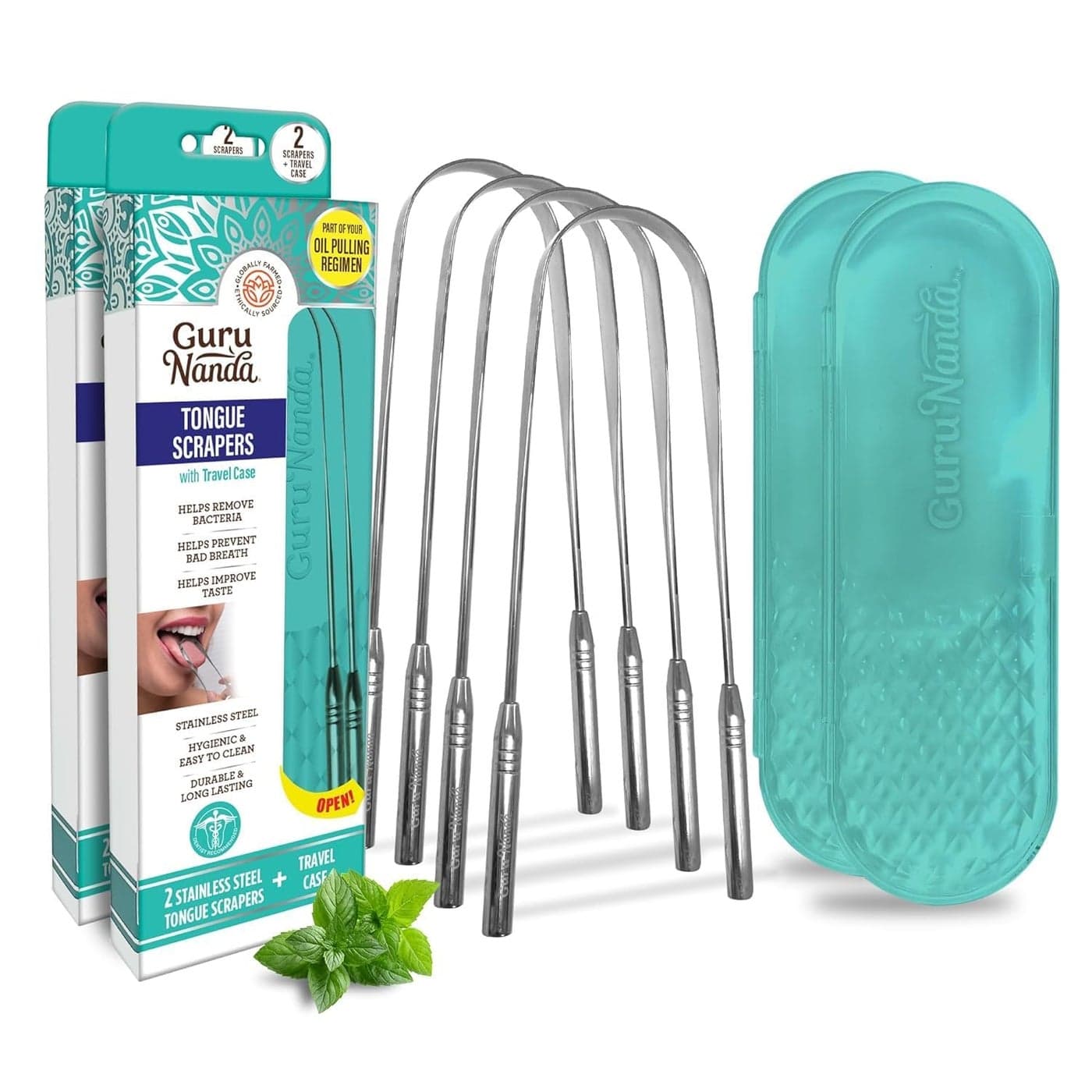 GuruNanda Tongue Scraper for Adults (4-Pack) with Travel Case, 420 Medical Grade Stainless Steel, Aids in Fresh Breath & Oral Care - Travel-Friendly