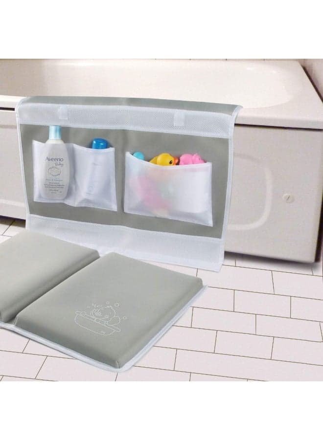 Bath Kneeler with Elbow Rest Pad - Bath Kneeling Pad with Toy Organizer - Large Safety Kneeler Mat for Tub Bathing and Bathroom Time - Detachable and Foldable Child Bath Tub Mat for Parents - Gray