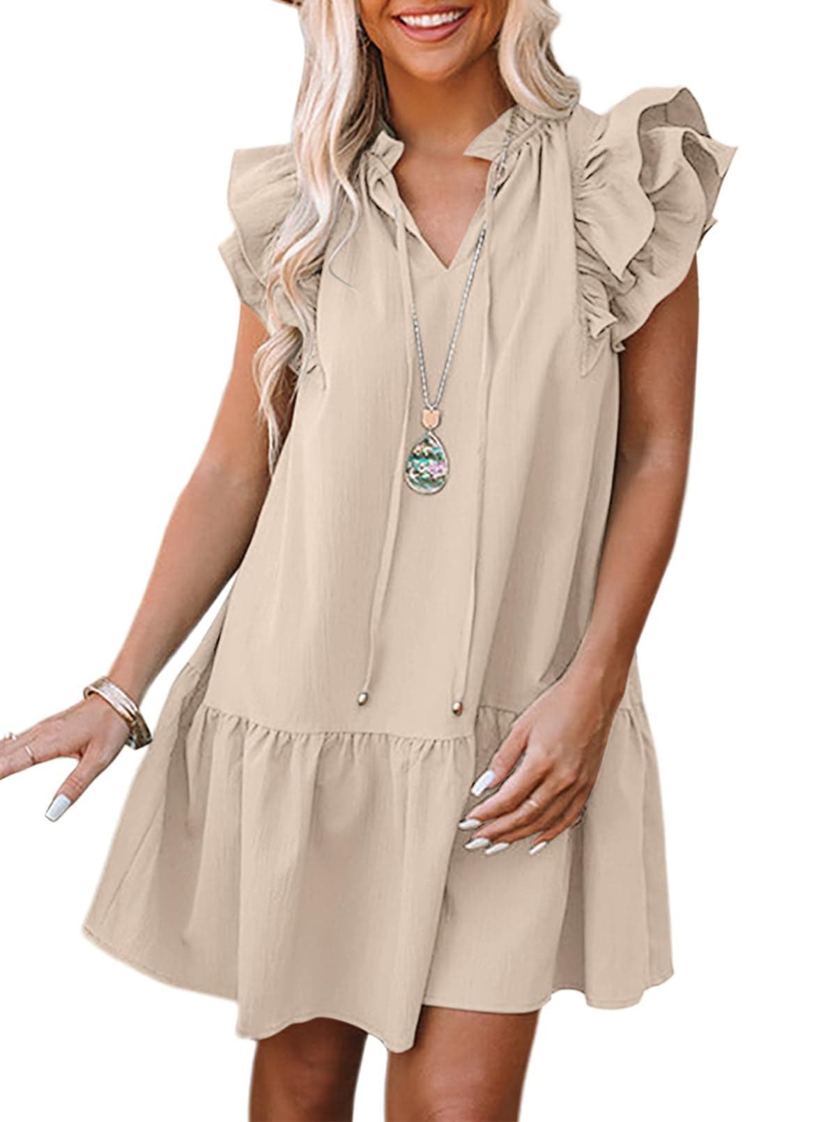 Dokotoo Spring Summer Dresses for Women 2025 Sleeveless V-Neck Ruffle Pockets Lightweight Swing Tunic Dress Solid Mini Short Dress Casual A-Line Swing Sun Dress Beach Vacation Clothes Beige X-Large