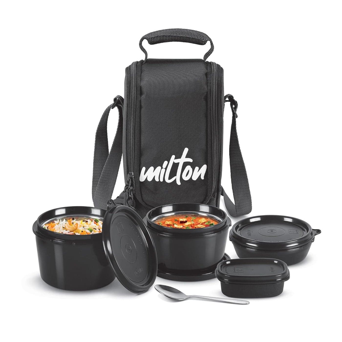 MILTON Pro Munch Tiffin 3 Microwave Safe Inner Steel Containers180320450ml1 Plastic Chutney Dabba Steel Spoon with Insulated Fabric Bag Black Leak Proof Odour Proof Easy to Carry