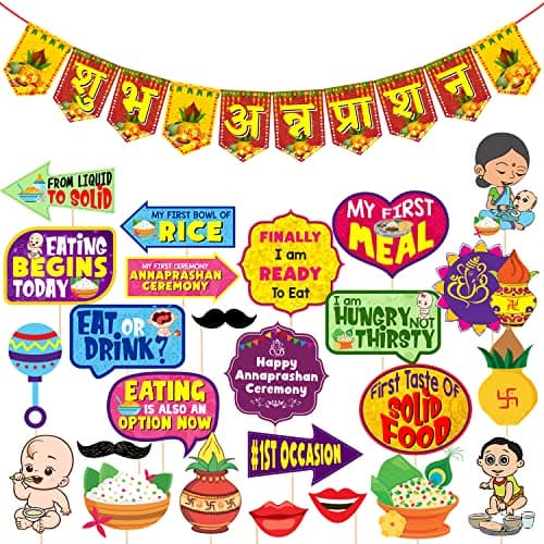 Zyozique 25 Pcs Annaprasanam Photo Booth with Paper Bunting Paper Banner Hindi Font Shubh Annaprashan Yellow & Red Color Font/Annaprashan Decoration Items (Pack of 26)