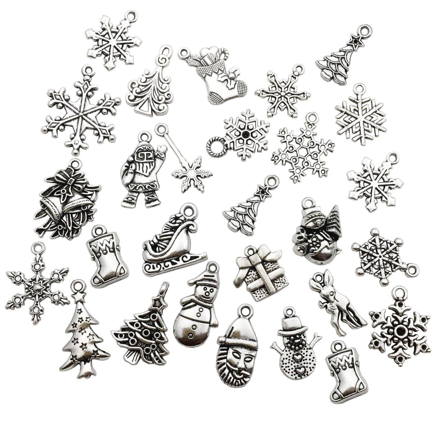 75 pcs Mixed Craft Supplies Christmas Tree Snowflakes Deer Bell Stocking Charms Pendants for Crafting Jewelry Findings Making Accessory For DIY Necklace Bracelet M041