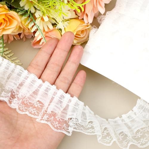 YBEATY White Lace Ruffle Trim White Lace Ribbo DoubleLayer Pleated Chiffon Laces Trim Vintage Ruffle Fabric Embroidered for Sewing Clothes Dresses Bag Package Bouquet Wedding Decoration