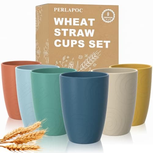Perlapoc Wheat Straw Cups, Plastic Cups Reusable, Unbreakable Drinking Glasses Set of 6, Plastic Cups for Kitchen Camping Outdoor, 16 OZ Dishwasher Safe Tumblers & Water Glasses, Multi