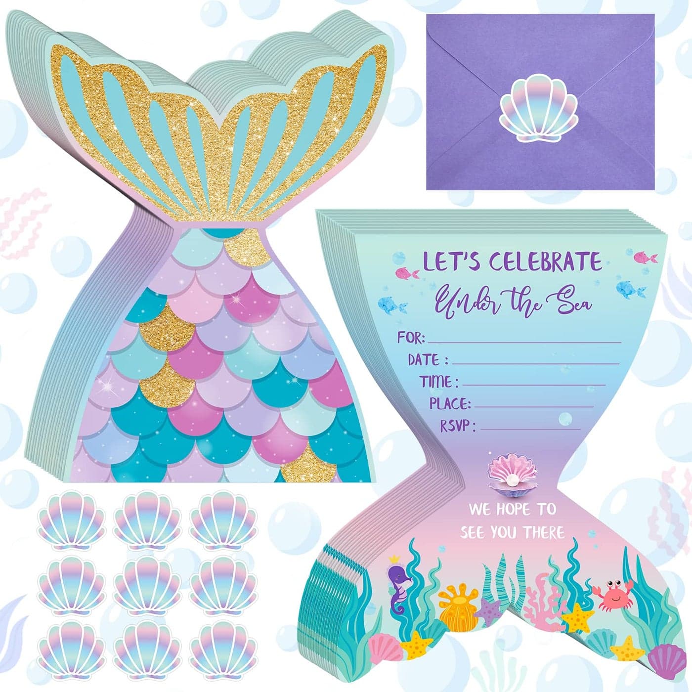 Hotop 24 Sets Mermaid Birthday Invitations with Envelopes and Stickers FOR GIRLS Party Invitations for Kids Birthday Baby Shower Party