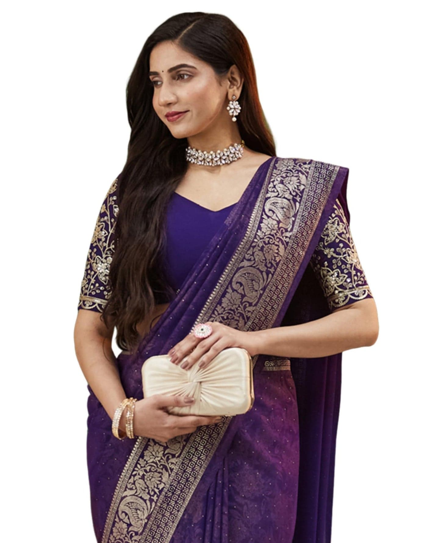 SIRIL Women's Georgette Foil Printed Saree With Unstitched Blouse Piece (4209S371_Purple)