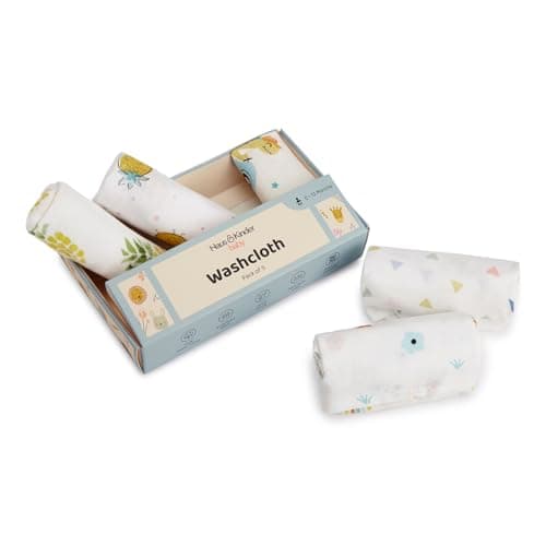 haus & kinder 100% Cotton Muslin Baby Washcloths – Pack of 5 | Soft, Absorbent & Breathable | Newborn Bath Towels | Colorful Baby Washcloth Bundle | Reusable Face & Burp Cloths, Multicolor