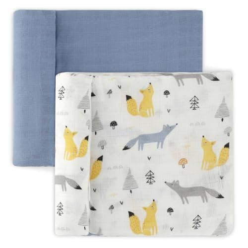 Featherhead 100 Cotton Muslin Swaddle Blankets for Baby Boy Large 47x 47 PreWashed Soft Breathable Newborn Essential Perfect Baby Registry Gift 2 Pack Blue Foxes