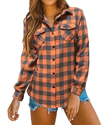 Oyamiki Womens Casual Cuffed Long Sleeve Boyfriend Button Down Plaid Flannel Shirt Tops Orange