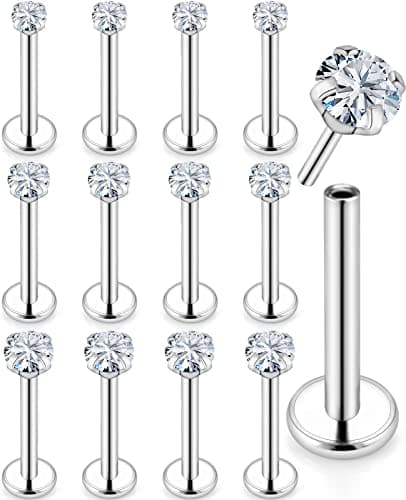 Yaalozei 18G Threadless Push-in Nose Rings Set, 316L Surgical Steel Flat Back Nose Studs with Cubic Zirconia, 12 Pieces for Women & Men
