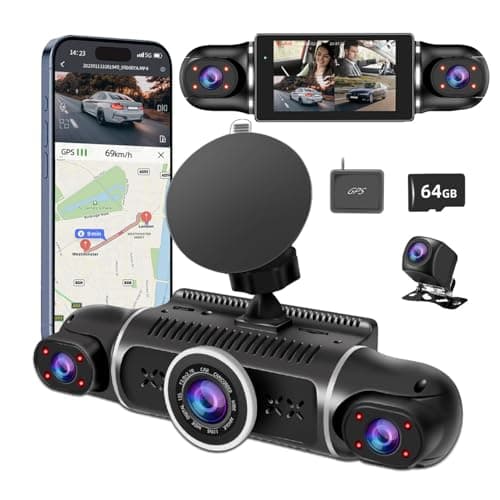360° Dash Cam Front and Rear 4 Channel Dash Camera FHD 2K+1080Px3 for Car, Inside/Back 170°+2x150°+170° Wide Angle, 8 IR Lamps Night Vision,WiFi,GPS, APP,G-Sensor with 64GB Card,24/7 Parking Mode