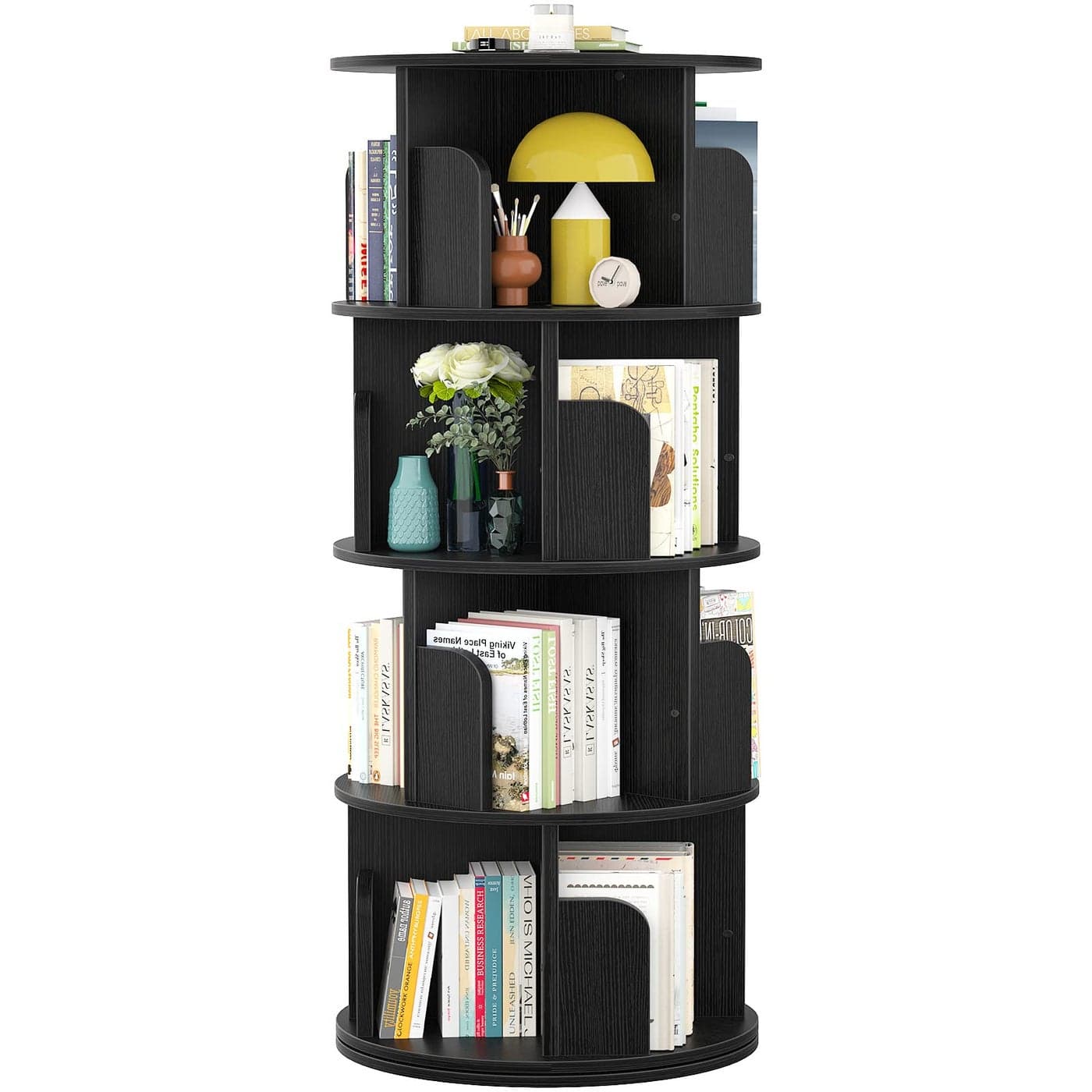 Aheaplus Rotating Bookshelf 360 Display Corner Bookshelf for Small Space 4 Tier Floor Standing Bookcase Storage Rack Wood Narrow Organizer for Bedroom Living Room Study Room Black