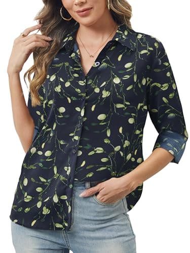 hearain Womens Casual Tops Button Down Long Sleeve Shirts Trendy Dressy Casual Print Blouses Black Green Size XXS