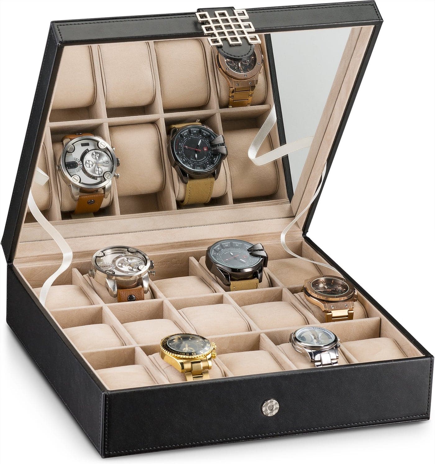 Glenor Co Watch Box 15 Slot Classic Watch Case Display Organizer with Modern Buckle Black