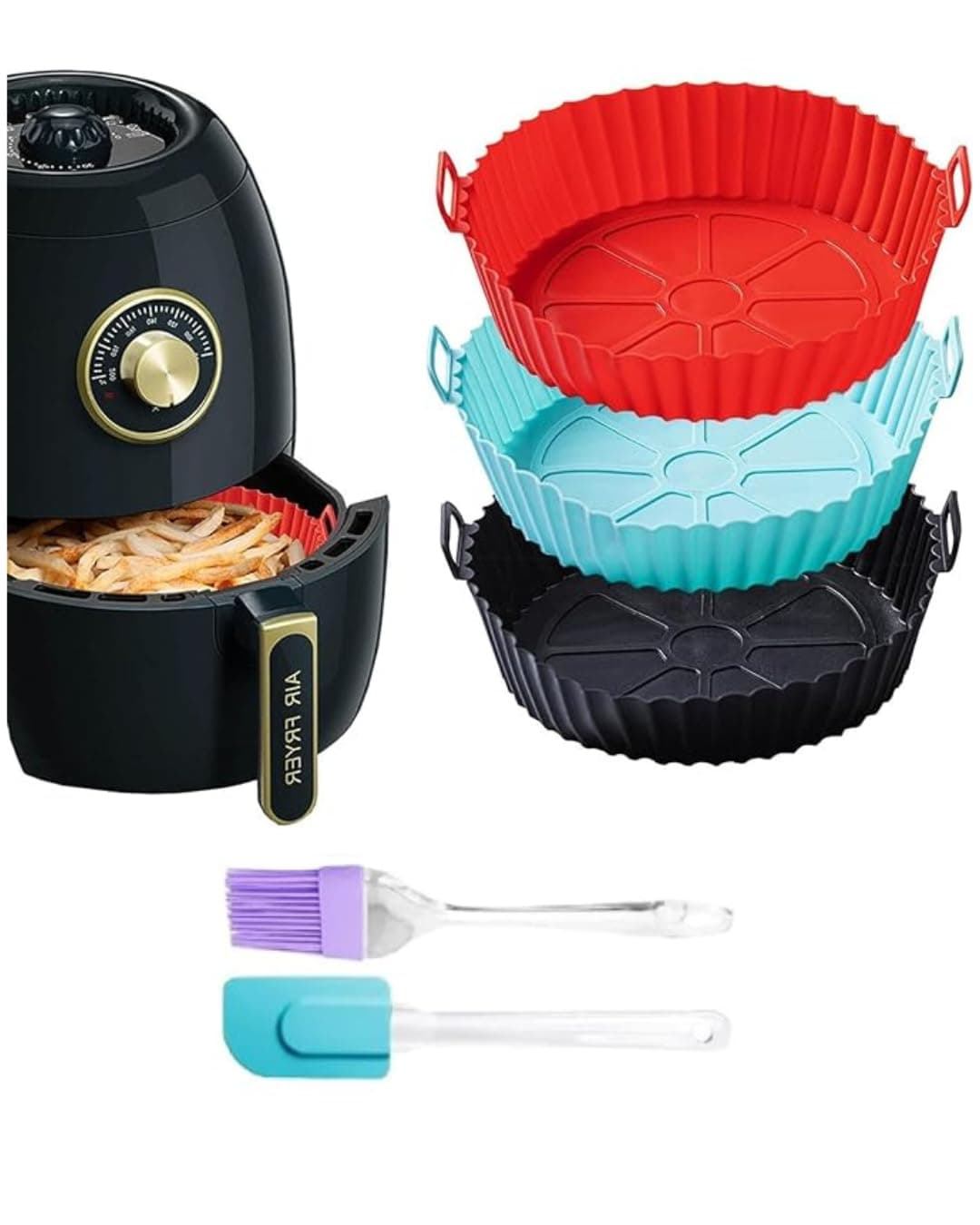 Nonstick Round Silicone Air Fryer Liners with Ear Handles 3Pcs Reusable Tray Cooking Accessories Oil Brush Spatula
