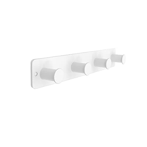 AJLTPA Small Coat Rack Wall Mounted, White Coat Hooks Adhesive & Screw in, Stainless Steel Door Hooks for Hanging Hat Towels Clothes, Hook Rail with 4 Round Hangers (White, 4 Hooks)