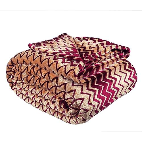 HOMEKART Premium Zig-Zag Jacquard Plush Flannel Blanket for Double Bed| 300 GSM Lightweight Cozy Ultra Soft Luxury Throw for Bed, Couch, Sofa, Camping & Travel (220x230cm or 90x86 In, Golden & Maroon)