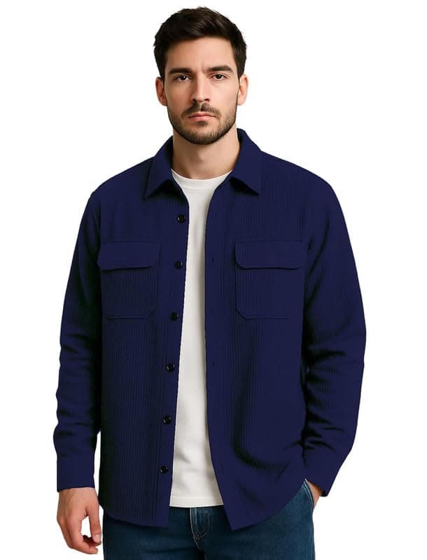 DEELMO Men's Cotton Polyester Corduroy Shirt with Textured Pattern Spread Collar Full Sleeves Dual Pocket Front and Button Down Closure | Textured Shirts for Men | DUBBLEPOCKET5022_Navy Blue_3XL
