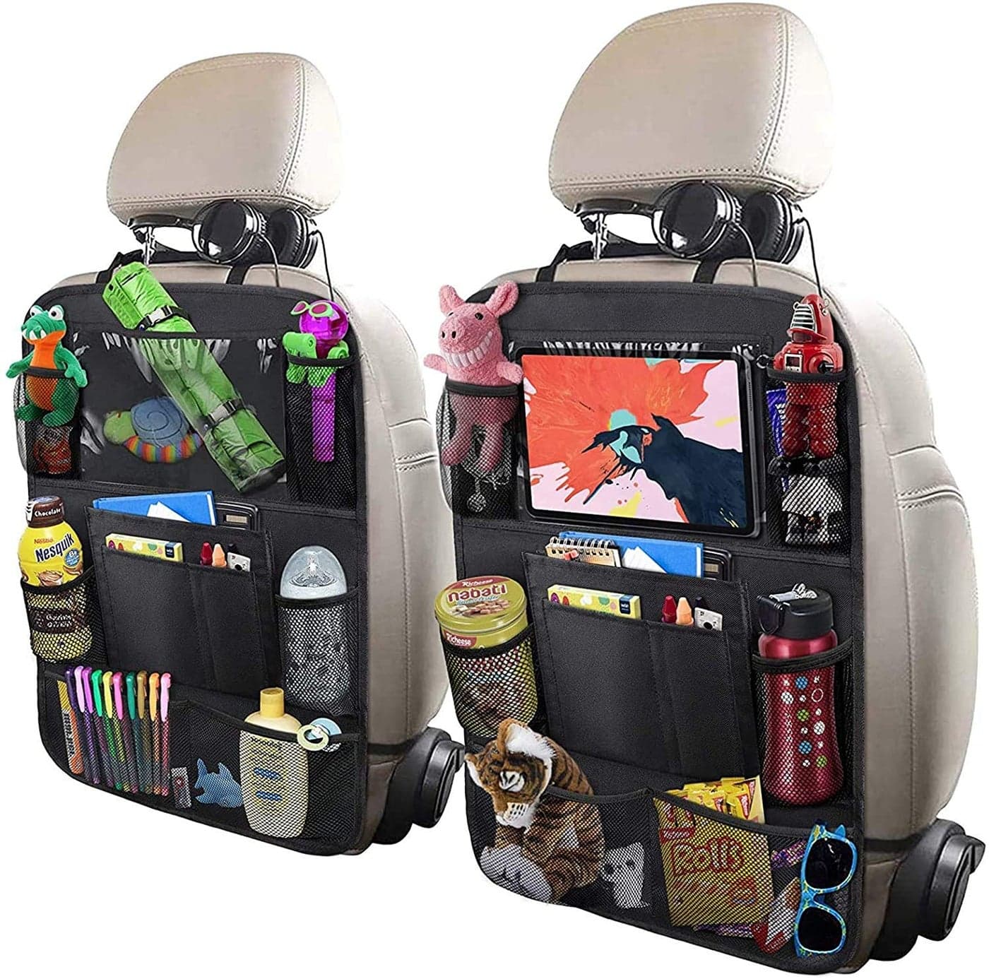 ULEEKA Car Backseat Organizer with 10" Table Holder, 9 Storage Pockets Seat Back Protectors Kick Mats for Kids Toddlers, Travel Accessories, 2 Pack