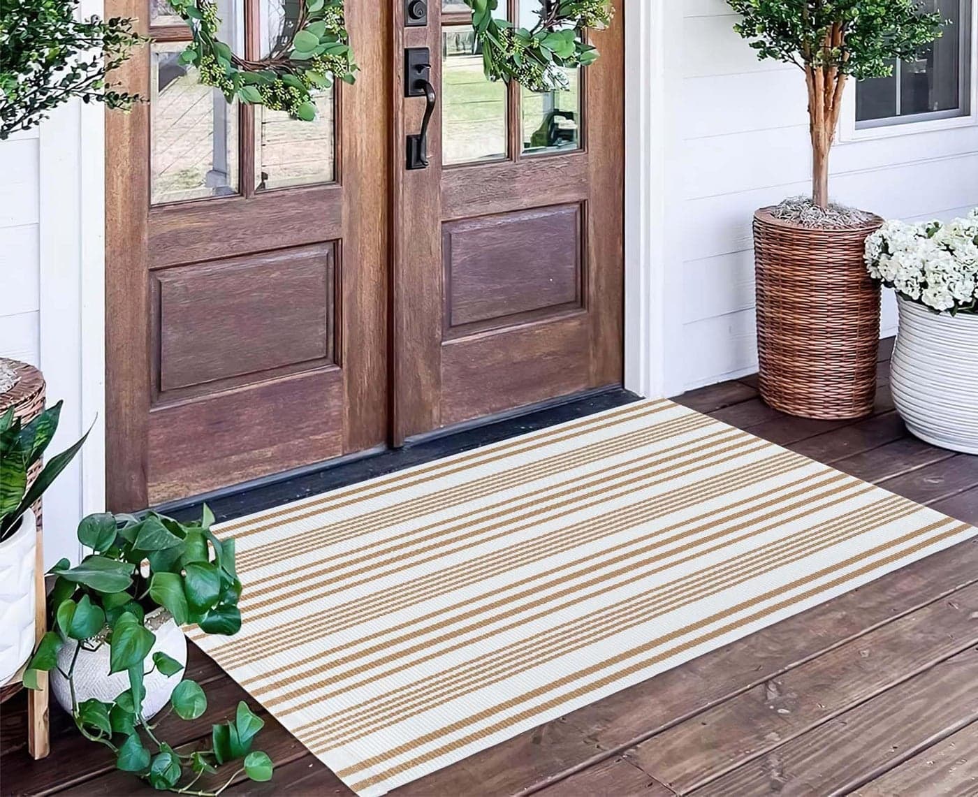 Khaki and White Striped Outdoor Rug 24 x 51 Front Porch Rug HandWoven Machine Washable IndoorLayered Door Mats for EntrywayBedroom