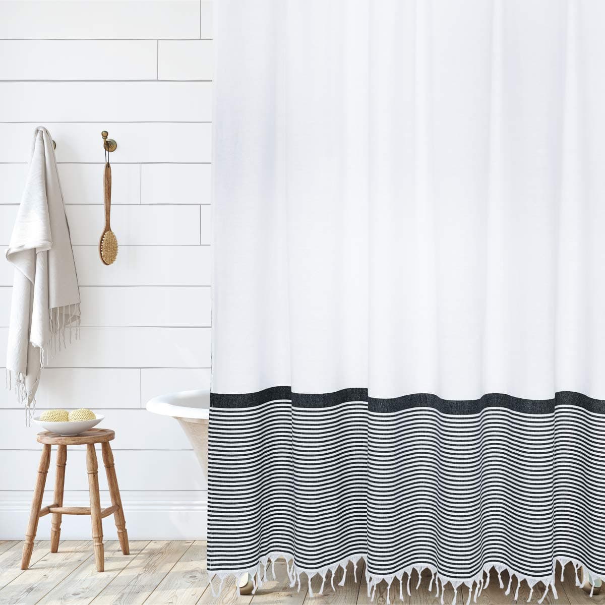 HALL PERRY Modern Farmhouse Tassel Shower Curtain 100 Cotton Striped Fabric Shower Curtain with Tassels for Bathroom Dcor Black 72x72