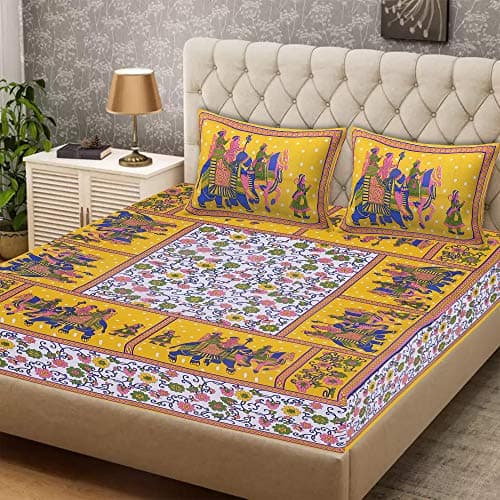 EarlyMart Cotton Comfort 144 TC Rajasthani Jaipuri Traditional Floral Double Bed Bedsheet with 2 Pillow Covers (Double_048, Yellow, King Size)