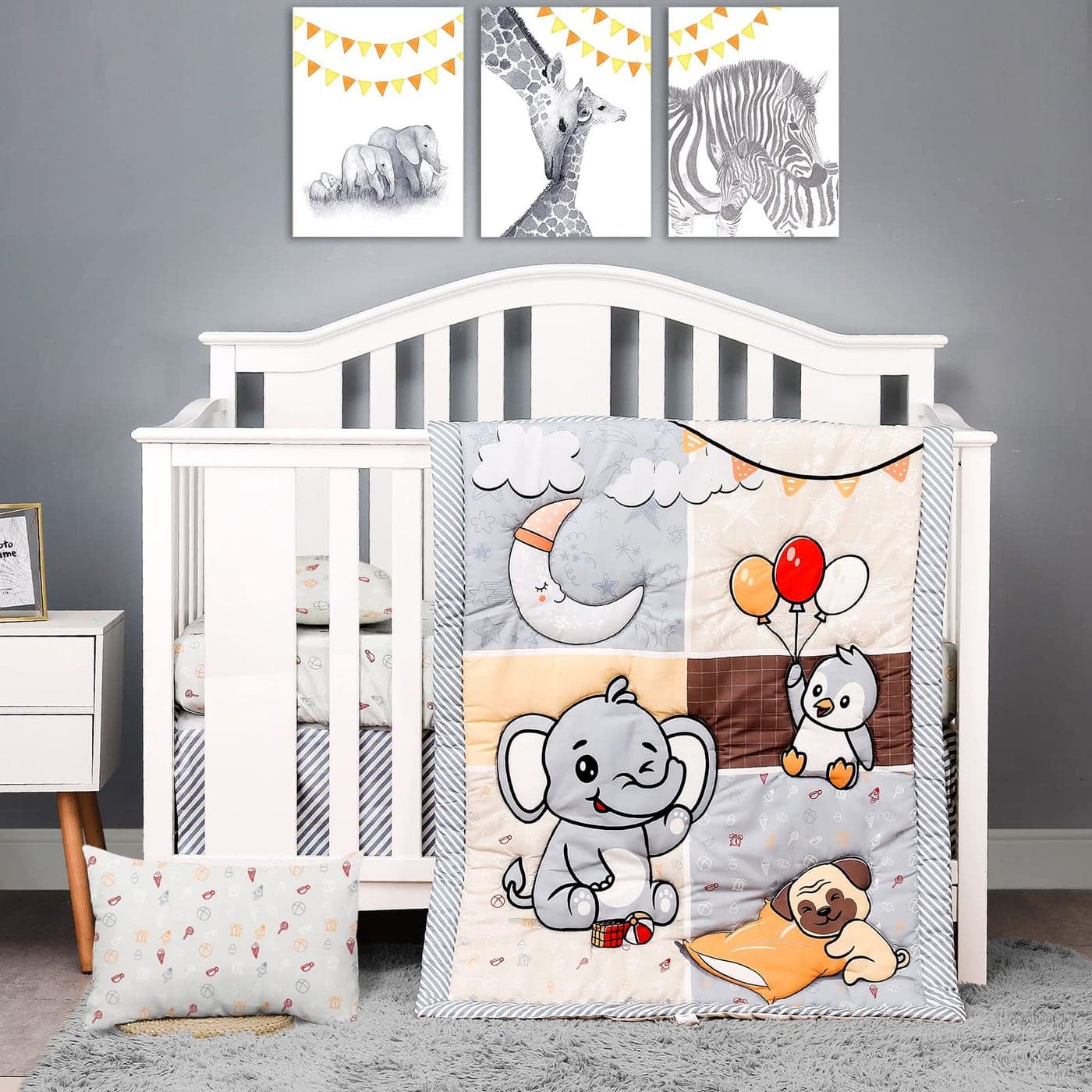 JISEN 3 Piece Crib Bedding Set Crib Quilt Crib Sheet Pillowcase Soft Microfiber Printed Nursery Set for Baby Boys or Girls Zoo Party