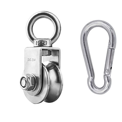 Penkwiio Single Pulley Block 360 Degree Rotation Traction Wheel Stainless Steel Swivel Hook & Carabiner Heavy Duty for Washing Line/Rope Loading 500kg Gym