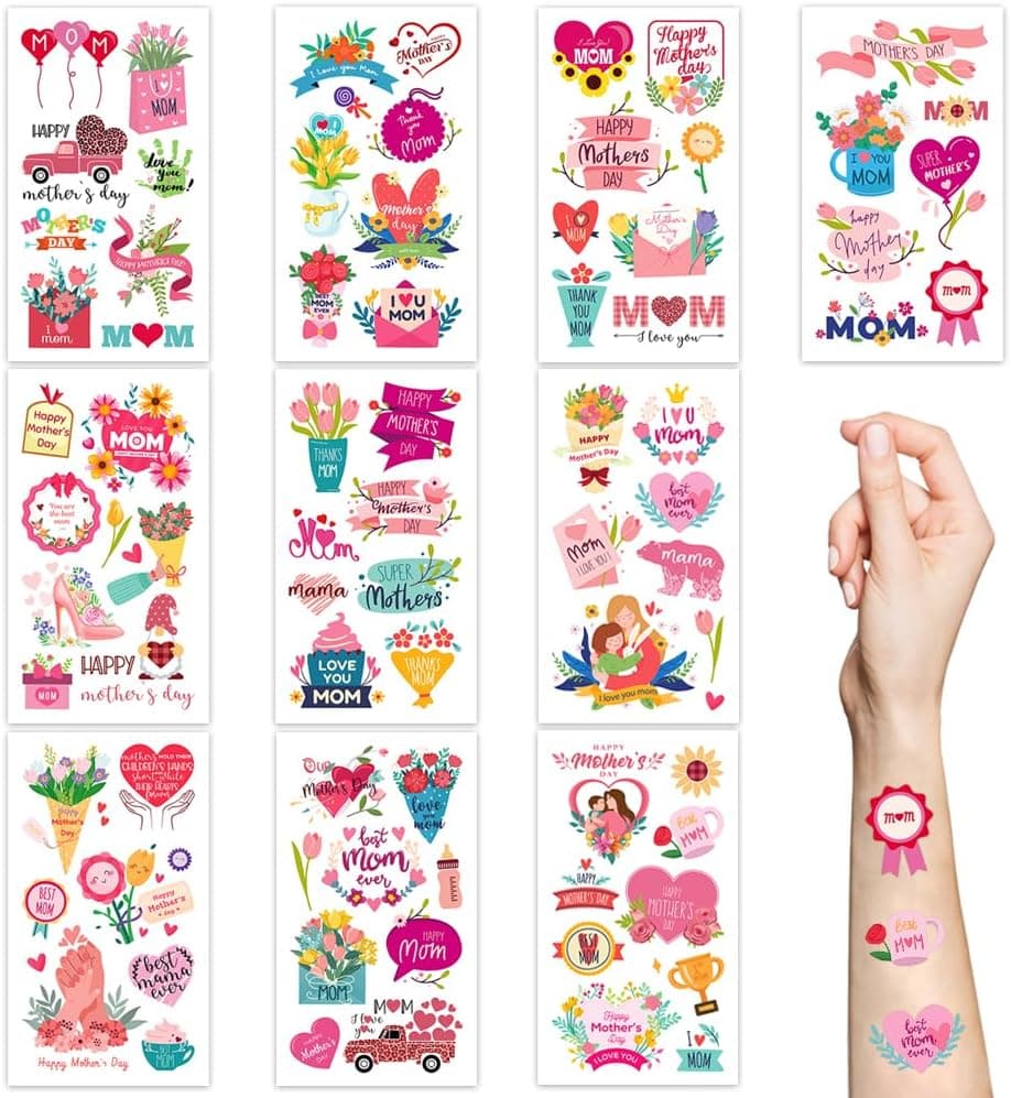 Mothers Day Temporary Tattoo10 Sheets Cute Best Thank you Mom Happy Mothers Day Waterproof Fake Tattoos for Mothers Day Party Favors Goodie Bags Stuffers Party Fillers