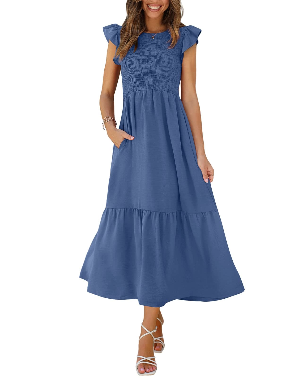 OFEEFAN Short Sleeve Dress Summer Smocked Dress Women Teacher Outfits Dusty Blue L