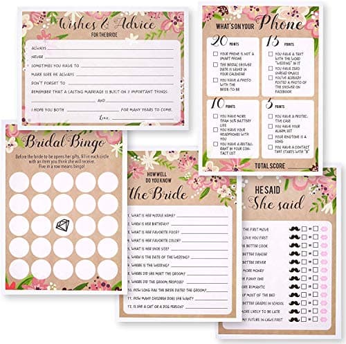 Best Paper Greetings Bridal Shower Games 50 Guests 5 Floral Cards 5 x 7 in Bridal Shower Games for Bachelorette Party Wedding Shower Activities Engagement Party Fun