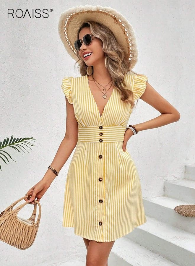 Women's V-Neck Flying Sleeve Dress Laides Summer Temperament Striped Print Dress Waist-Closing Buttons Knee Length Dress Yellow