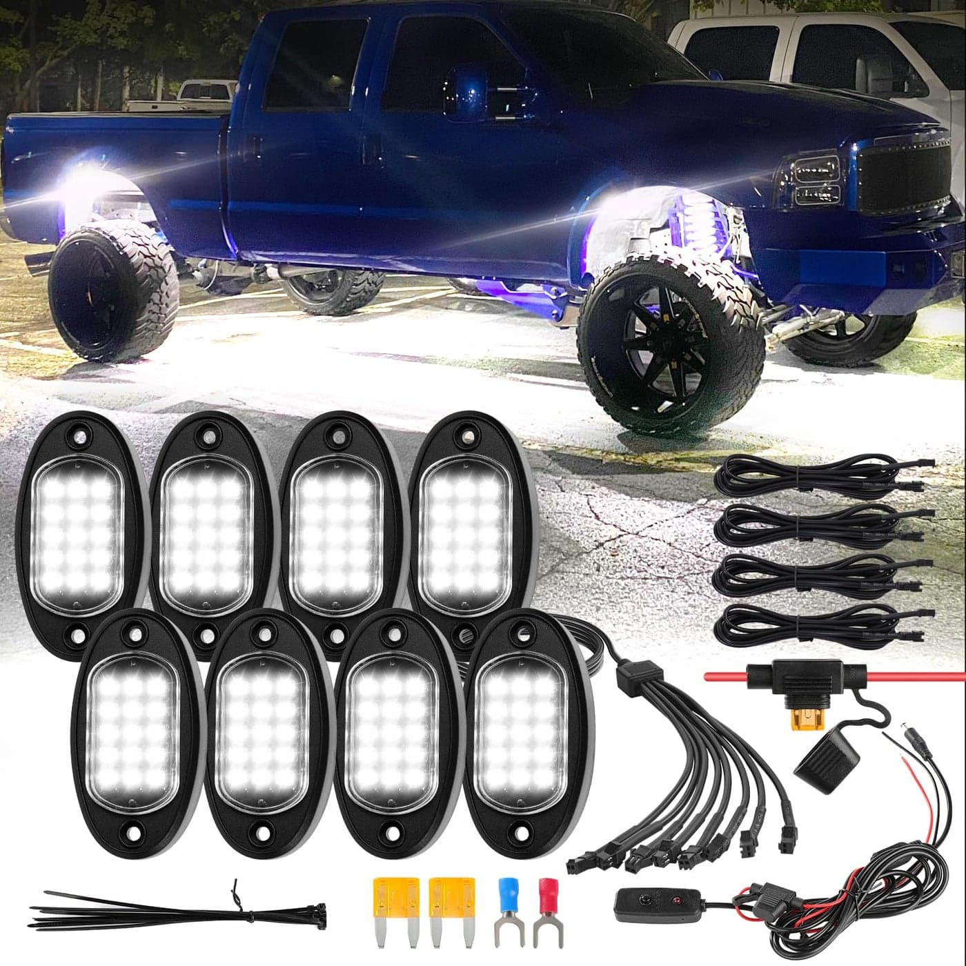 8Pods Pure White LED Rock Lights Kit with Switch Wiring Harness Extension Wire 6500K 15LEDs Neon Underglow Light Waterproof Fender Lights for Car Trucks Jeep Off Road ATV UTV SUV