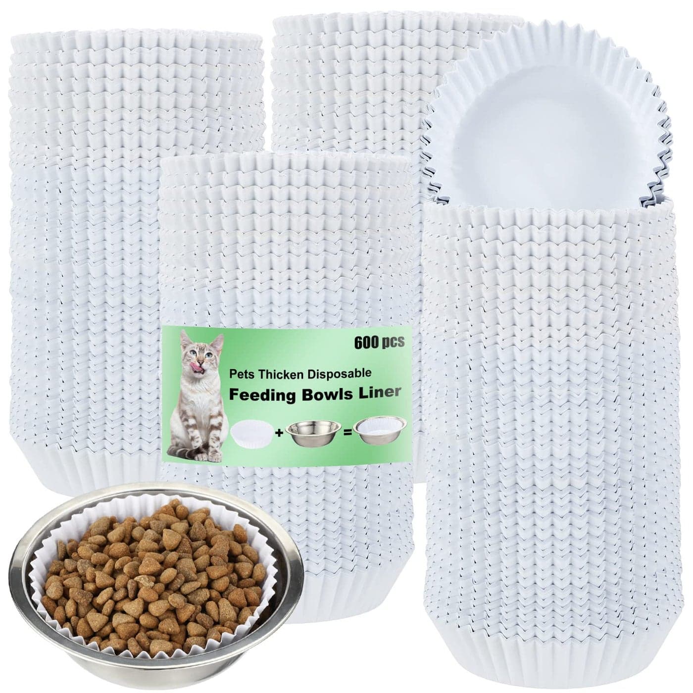 meekoo 600 Pcs Large Pet Disposable Feeding Bowls Liner Bulk Cat Food Bowls Small Paper Dish Paper Liner for Small Dogs Cats Dish Wet Food Feeding StationWhiteClassic
