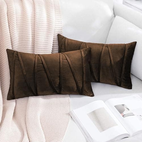 Khooti Velvet Striped Cushion Cover Pack of 2-12x18 Inches / 30.48x45.72 cm | Brown | Soft Pillow Covers Cushion Case for Sofa Bedroom Livingroom Chair Car, Cushion Cover with Zig Zag Pattern