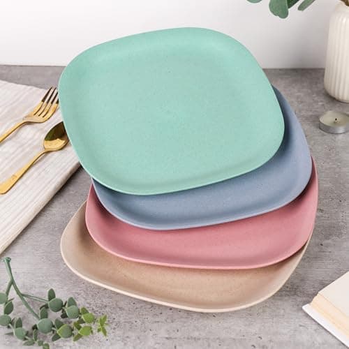 Irida Naturals Rice Husk & Bamboo Fiber Square Dinner Plates | 9 inch Pack of 4 | Eco-Friendly,Lightweight & Unbreakable Plates | Microwave Safe Serving Plates | for Hot & Cold Serving (Multicolor)
