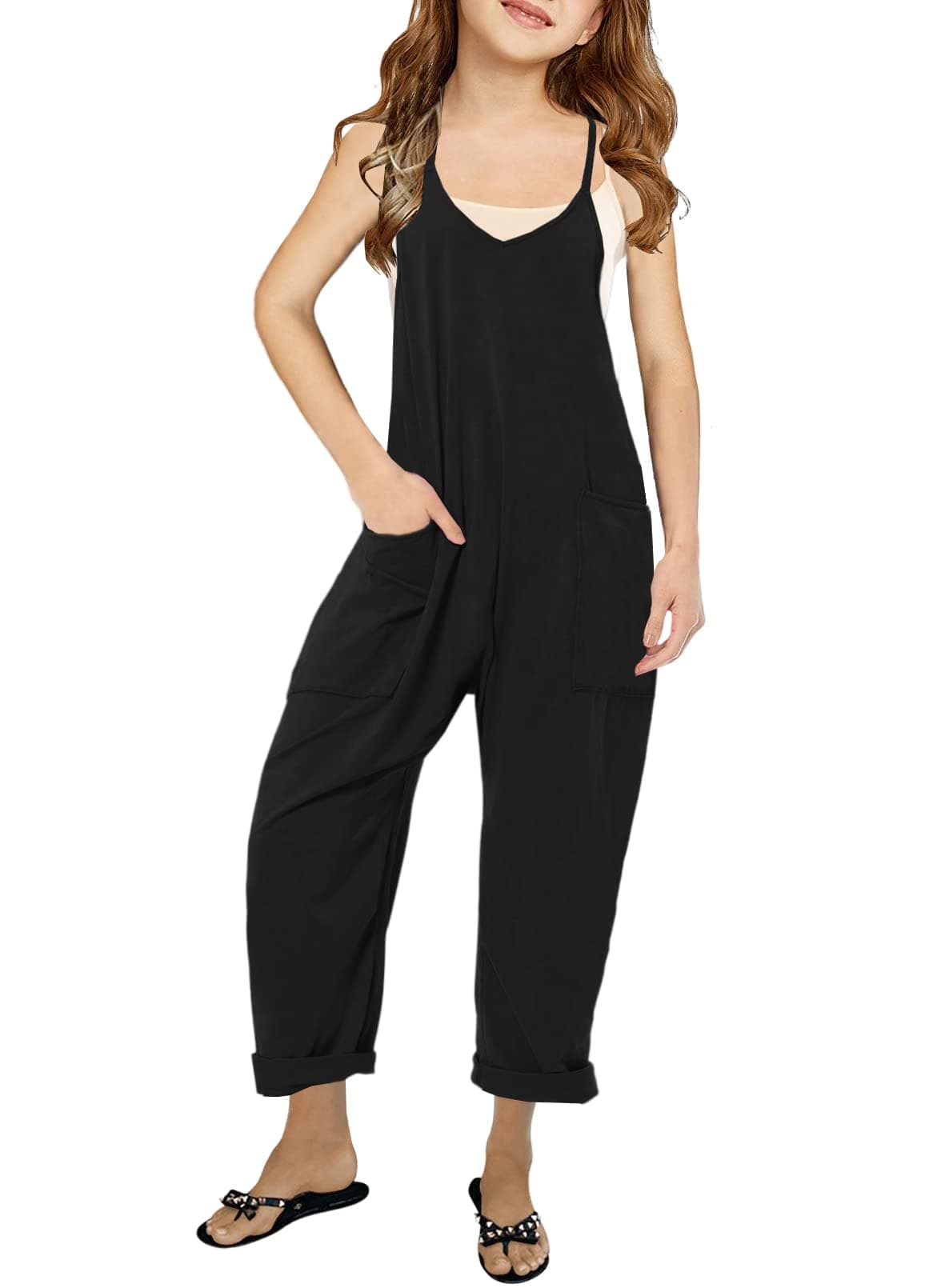 Cnkwei Girls' Casual Sleeveless Jumpsuits Spaghetti Strap Loose Romper Long Pants with Pockets