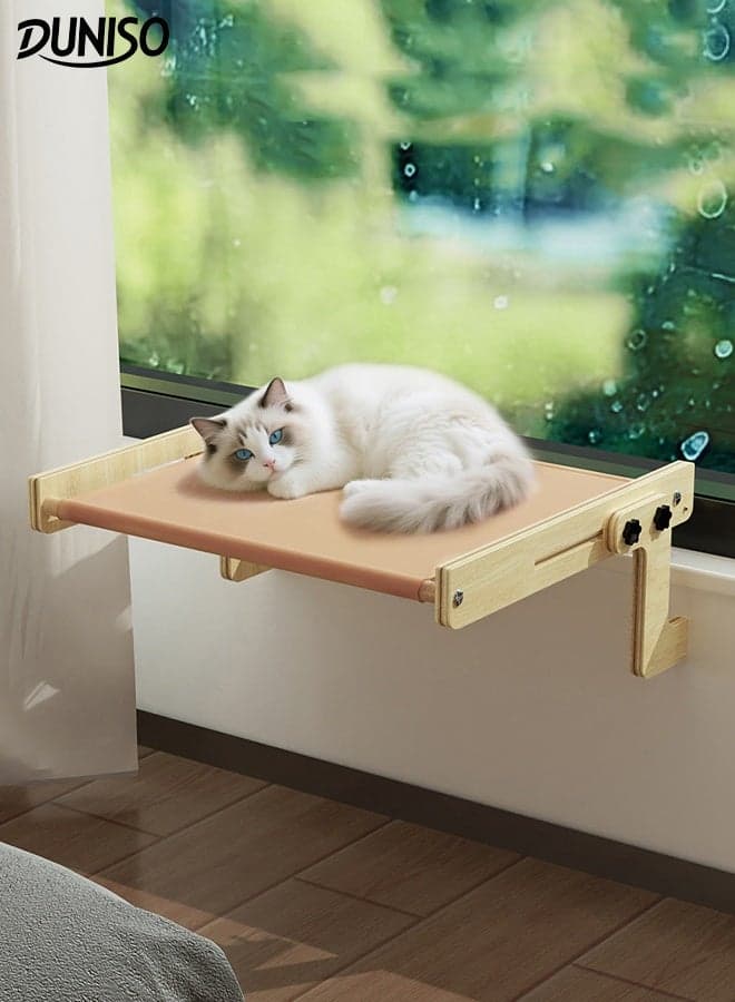 Cat Hammock Wooden Pet Window Bed Indoor Kitty Shelf Nest Sturdy Heavy Duty Non-Drilling Non-Suction Durable Cat Hammock Window Seat Easy to Adjust Cat Bed for Windowsill, Bedside, Drawer and Cabinet