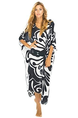 Back From Bali Womens Swimsuit Cover Up Long Maxi Beach Kaftan Flowy Boho Black Loose Tunic Dress Rayon