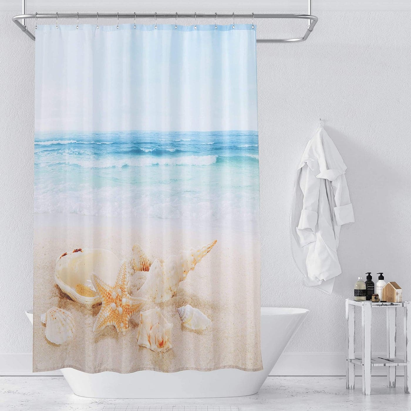 Beda Home Beach Theme Shower Curtain Summer Conch Seashells and Yellow Starfish Ocean Printed Shower Curtain70Wx72L Inches Waterproof Cloth Fabric Machine Washable Suit for Bathroom Decoration