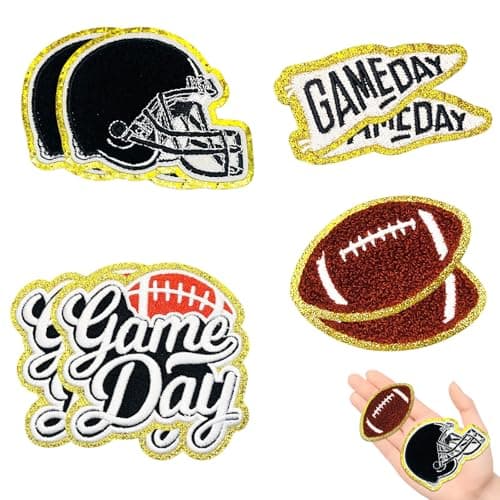 Jongdari 8pcs Football Game Day Helmet Patches Chenille Sports Iron On Patches Bulk for Hats Backpacks Clothes Gameday Rugby Patch for Heat Press with Gold Edges Black 8pcs